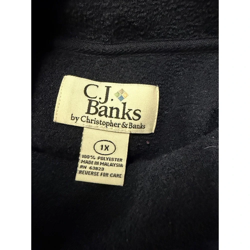 CJ Banks‎ Women's 1X Navy Blue Mock Neck Long Sleeve Embroidered Santa Fleece